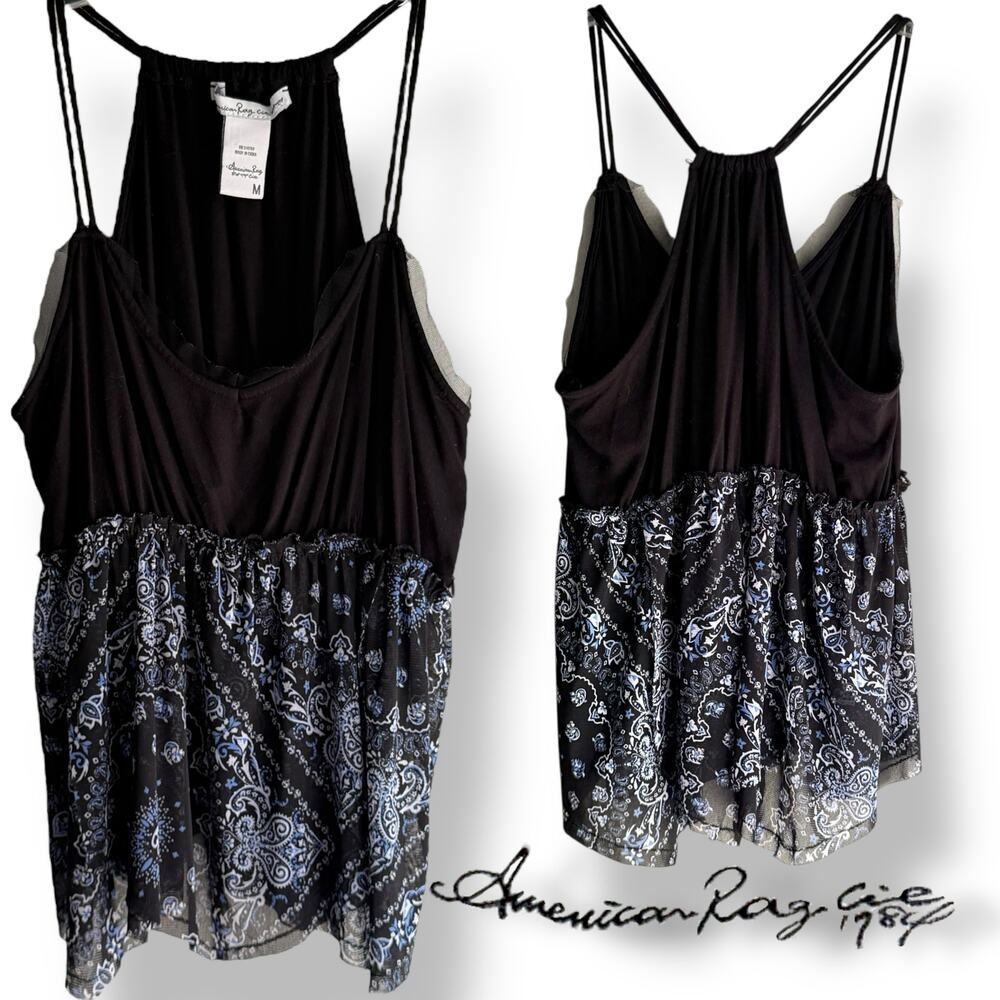 American Rag Cie Tank Top Black Pixie Mesh Hem Paisley Boho Festival Vibes M